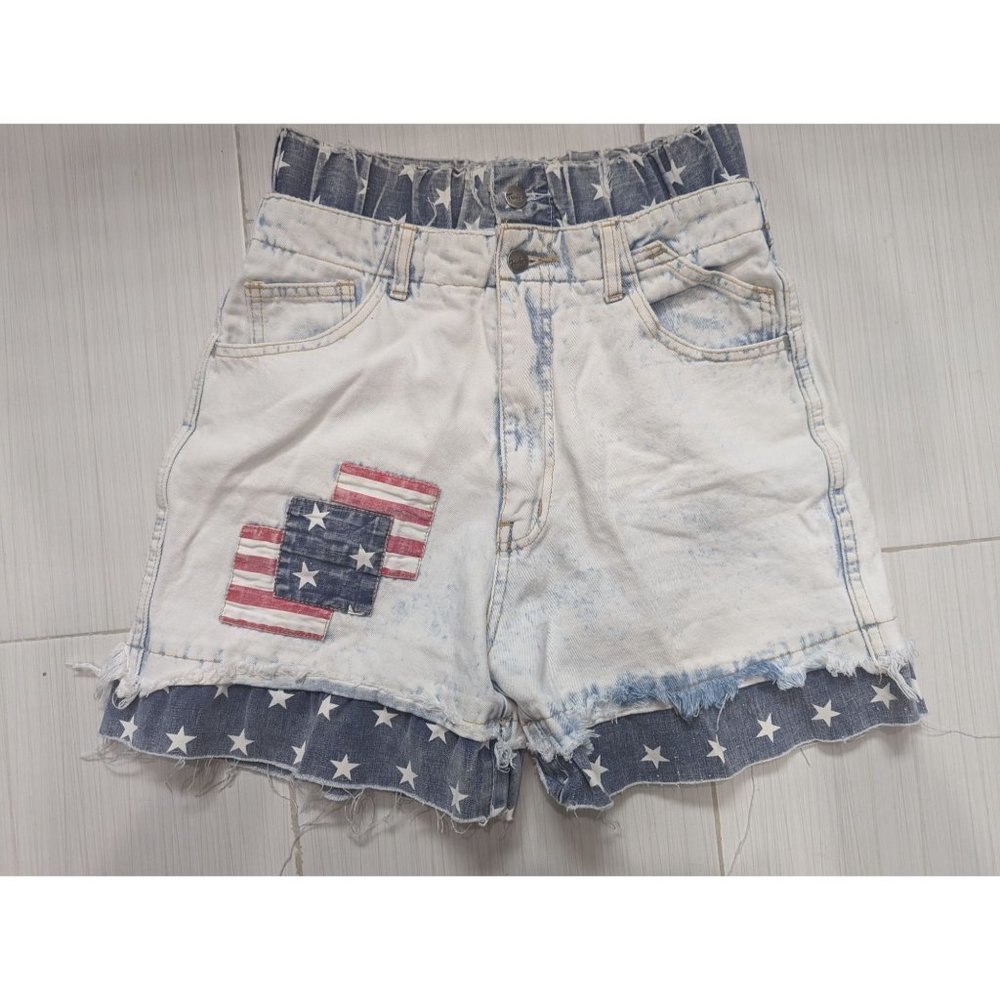 Vintage 80s Light Wash American Flag Patchwork High Rise Mom Shorts RARE 13/14